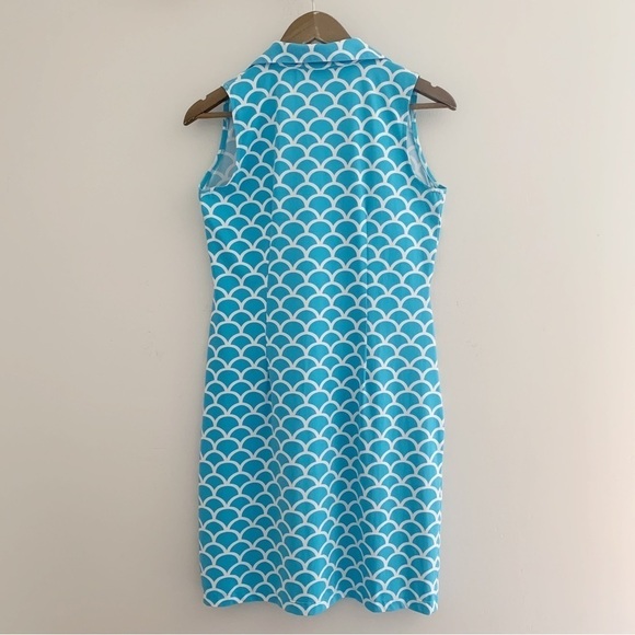 Katherine Way Scallop Print Dress Small Collared Sleeveless Aqua White - Picture 3 of 6